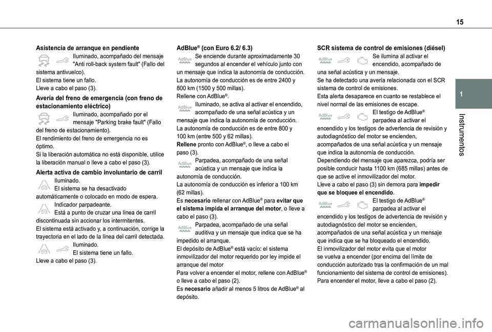 TOYOTA PROACE CITY VERSO 2021  Manuale de Empleo (in Spanish) 15
Instrumentos
1
Asistencia de arranque en pendienteIluminado, acompañado del mensaje "Anti roll-back system fault" (Fallo del sistema antivuelco).El sistema tiene un fallo.Lleve a cabo el p