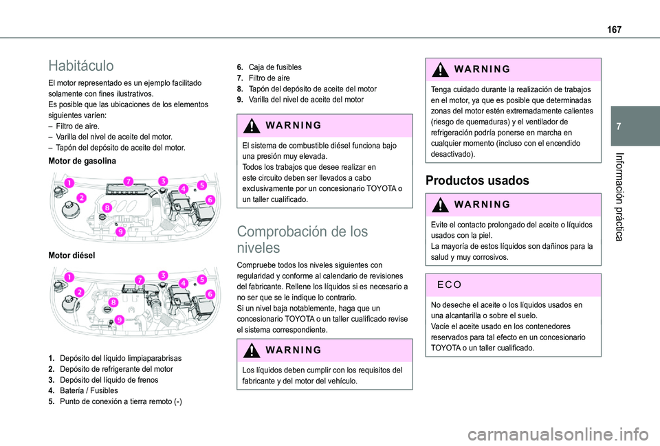 TOYOTA PROACE CITY VERSO 2021  Manuale de Empleo (in Spanish) 167
Información práctica
7
Habitáculo
El motor representado es un ejemplo facilitado solamente con fines ilustrativos.Es posible que las ubicaciones de los elementos siguientes varíen:– Filtro d