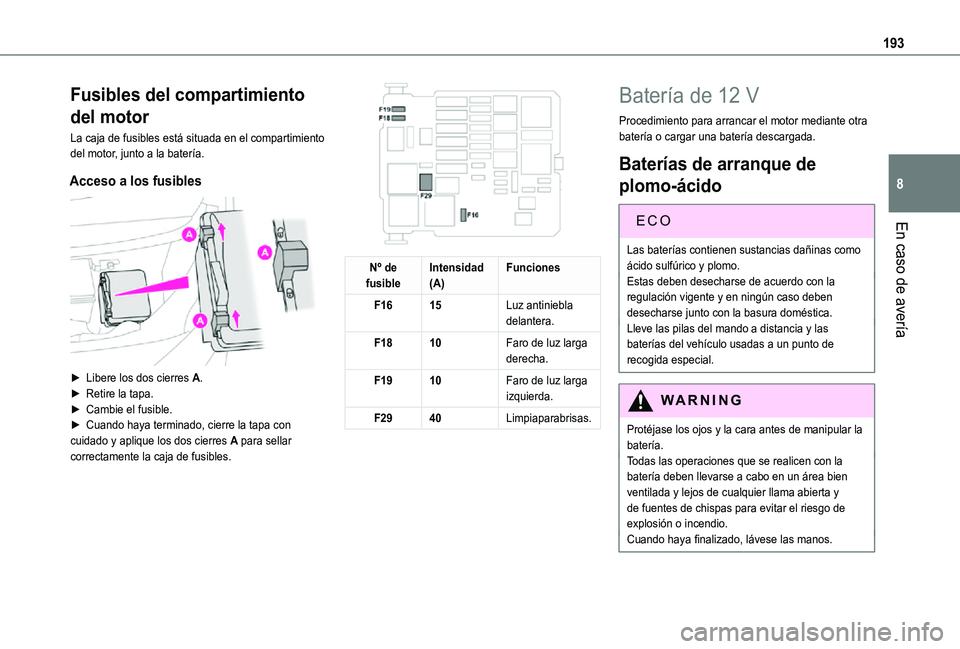 TOYOTA PROACE CITY VERSO 2021  Manuale de Empleo (in Spanish) 193
En caso de avería
8
Fusibles del compartimiento 
del motor
La caja de fusibles está situada en el compartimiento del motor, junto a la batería.
Acceso a los fusibles 
 
► Libere los dos cierr