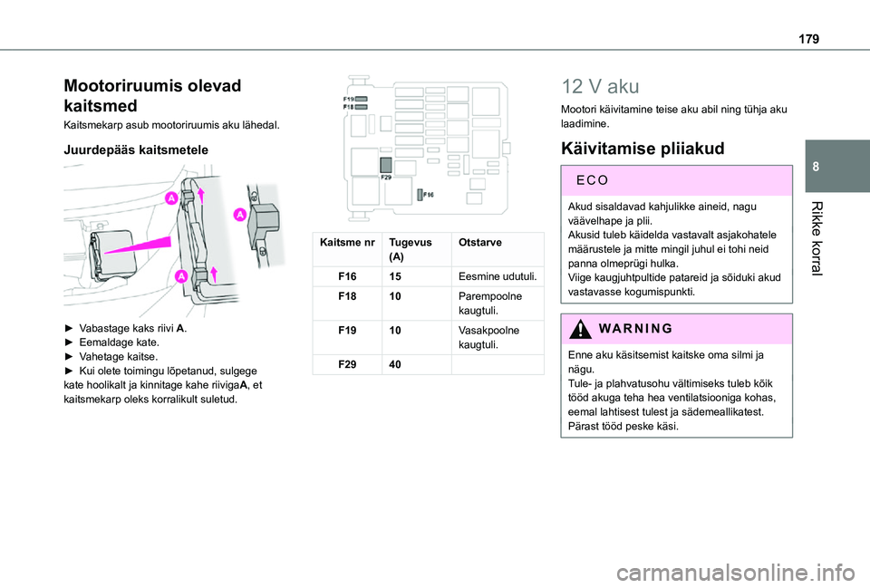 TOYOTA PROACE CITY VERSO 2021  Kasutusjuhend (in Estonian) 179
Rikke korral
8
Mootoriruumis olevad 
kaitsmed
Kaitsmekarp asub mootoriruumis aku lähedal.
Juurdepääs kaitsmetele 
 
► Vabastage kaks riivi A.► Eemaldage kate.► Vahetage kaitse.► Kui ole