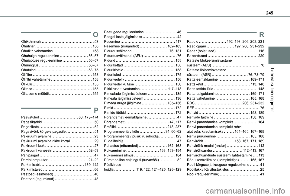 TOYOTA PROACE CITY VERSO 2021 Kasutusjuhend (in Estonian) 245
Tähestikuline register
O
Ohikolmnurk 53Õhufilter 158Õhufiltri vahetamine 158Õhuhulga reguleerimine 56–57Õhujaotuse reguleerimine 56–57Õhuringlus 56–57Ohutuled 53, 75Õlif TOYOTA PROACE CITY VERSO 2021 Kasutusjuhend (in Estonian) 245
Tähestikuline register
O
Ohikolmnurk 53Õhufilter 158Õhufiltri vahetamine 158Õhuhulga reguleerimine 56–57Õhujaotuse reguleerimine 56–57Õhuringlus 56–57Ohutuled 53, 75Õlif