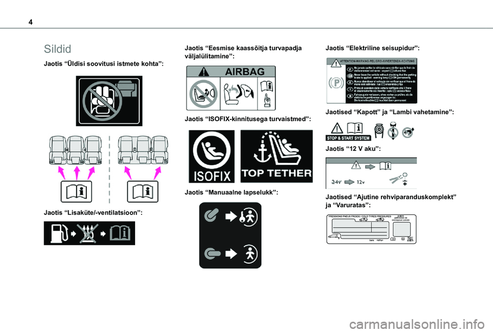 TOYOTA PROACE CITY VERSO 2021  Kasutusjuhend (in Estonian) 4
Sildid
Jaotis “Üldisi soovitusi istmete kohta”: 
  
 
Jaotis “Lisaküte/-ventilatsioon”: 
 
Jaotis “Eesmise kaassõitja turvapadja väljalülitamine”: 
 
Jaotis “ISOFIX-kinnitusega tu