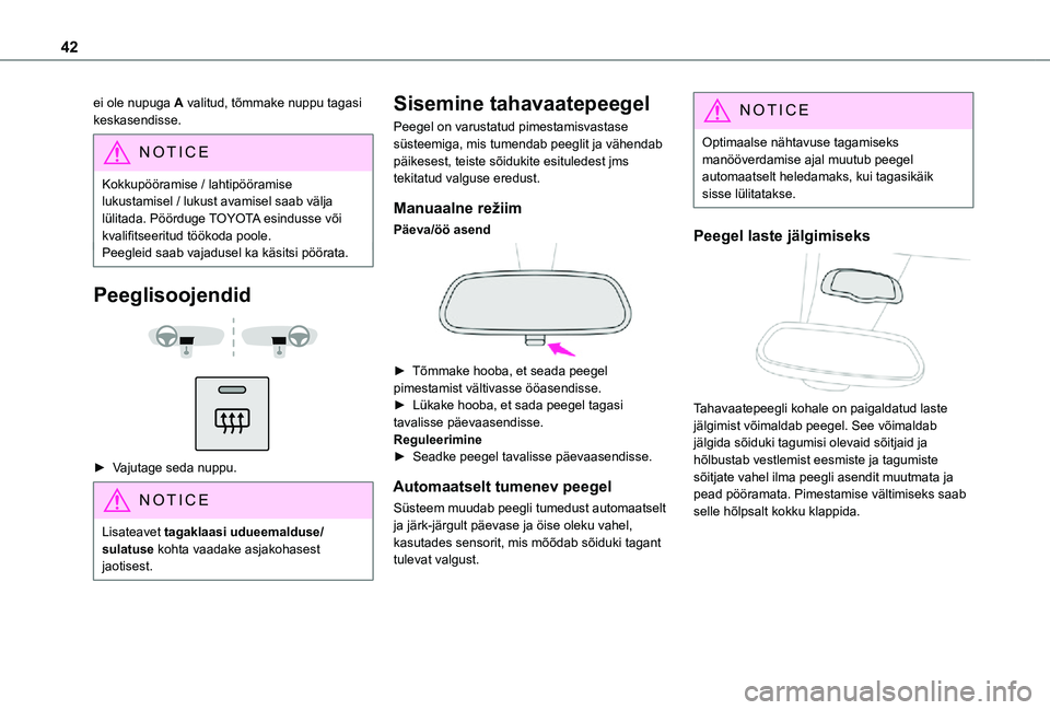 TOYOTA PROACE CITY VERSO 2021 Kasutusjuhend (in Estonian) 42
ei ole nupuga A valitud, tõmmake nuppu tagasi keskasendisse.
NOTIC E
Kokkupööramise / lahtipööramise lukustamisel / lukust avamisel saab välja lülitada. Pöörduge TOYOTA esindusse või kval TOYOTA PROACE CITY VERSO 2021 Kasutusjuhend (in Estonian) 42
ei ole nupuga A valitud, tõmmake nuppu tagasi keskasendisse.
NOTIC E
Kokkupööramise / lahtipööramise lukustamisel / lukust avamisel saab välja lülitada. Pöörduge TOYOTA esindusse või kval