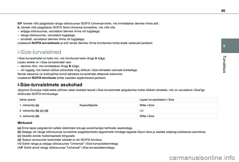TOYOTA PROACE CITY VERSO 2021 Kasutusjuhend (in Estonian) 95
Turvalisus
5
IUF Istmele võib paigaldada näoga sõidusuunas ISOFIX Universal-ist\
me, mis kinnitatakse ülemise rihma abil.IL Istmele võib paigaldada ISOFIX Semi-Universal turvaistme, mis või\
TOYOTA PROACE CITY VERSO 2021 Kasutusjuhend (in Estonian) 95
Turvalisus
5
IUF Istmele võib paigaldada näoga sõidusuunas ISOFIX Universal-ist\
me, mis kinnitatakse ülemise rihma abil.IL Istmele võib paigaldada ISOFIX Semi-Universal turvaistme, mis või\