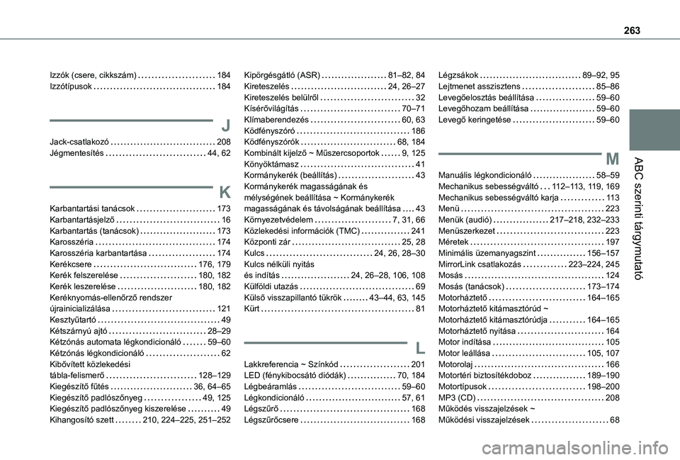 TOYOTA PROACE CITY VERSO 2021  Kezelési útmutató (in Hungarian) 263
ABC szerinti tárgymutató
Izzók (csere, cikkszám)   184Izzótípusok   184
J
Jack-csatlakozó   208Jégmentesítés   44, 62
K
Karbantartási tanácsok   173Karbantartásjelző   16Karbantartá