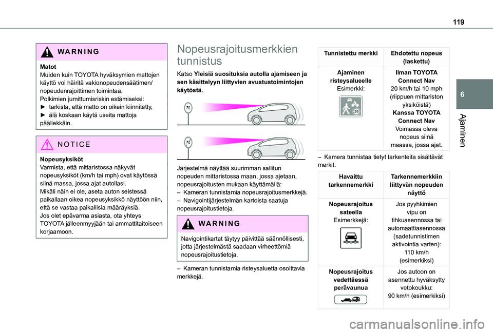TOYOTA PROACE CITY VERSO 2021 Omistajan Käsikirja (in Finnish) 11 9
Ajaminen
6
WARNI NG
MatotMuiden kuin TOYOTA hyväksymien mattojen käyttö voi häiritä vakionopeudensäätimen/nopeudenrajoittimen toimintaa.Polkimien jumittumisriskin estämiseksi:►  tarki TOYOTA PROACE CITY VERSO 2021 Omistajan Käsikirja (in Finnish) 11 9
Ajaminen
6
WARNI NG
MatotMuiden kuin TOYOTA hyväksymien mattojen käyttö voi häiritä vakionopeudensäätimen/nopeudenrajoittimen toimintaa.Polkimien jumittumisriskin estämiseksi:►  tarki
