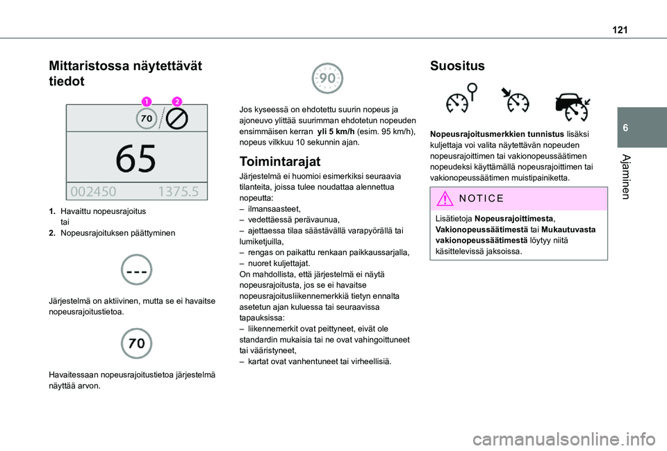 TOYOTA PROACE CITY VERSO 2021 Omistajan Käsikirja (in Finnish) 121
Ajaminen
6
Mittaristossa näytettävät
tiedot
1.Havaittu nopeusrajoitustai
2.Nopeusrajoituksen päättyminen
Järjestelmä on aktiivinen, mutta se ei havaitse nopeusrajoitustietoa.
Hava TOYOTA PROACE CITY VERSO 2021 Omistajan Käsikirja (in Finnish) 121
Ajaminen
6
Mittaristossa näytettävät
tiedot
1.Havaittu nopeusrajoitustai
2.Nopeusrajoituksen päättyminen
Järjestelmä on aktiivinen, mutta se ei havaitse nopeusrajoitustietoa.
Hava
