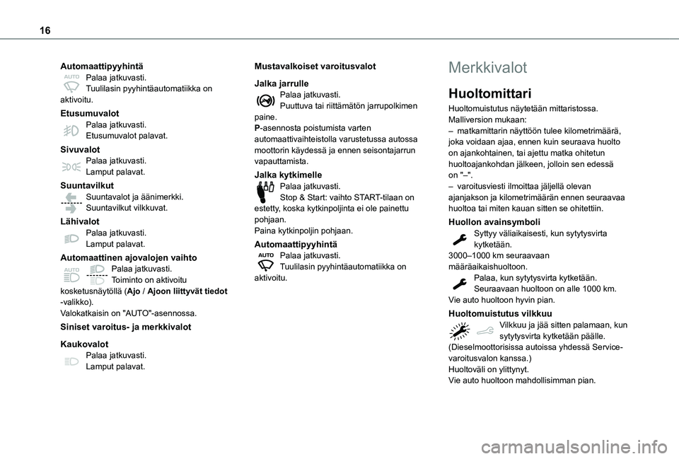 TOYOTA PROACE CITY VERSO 2021 Omistajan Käsikirja (in Finnish) 16
AutomaattipyyhintäPalaa jatkuvasti.Tuulilasin pyyhintäautomatiikka on aktivoitu.
EtusumuvalotPalaa jatkuvasti.Etusumuvalot palavat.
SivuvalotPalaa jatkuvasti.Lamput palavat.
SuuntavilkutSuuntaval TOYOTA PROACE CITY VERSO 2021 Omistajan Käsikirja (in Finnish) 16
AutomaattipyyhintäPalaa jatkuvasti.Tuulilasin pyyhintäautomatiikka on aktivoitu.
EtusumuvalotPalaa jatkuvasti.Etusumuvalot palavat.
SivuvalotPalaa jatkuvasti.Lamput palavat.
SuuntavilkutSuuntaval