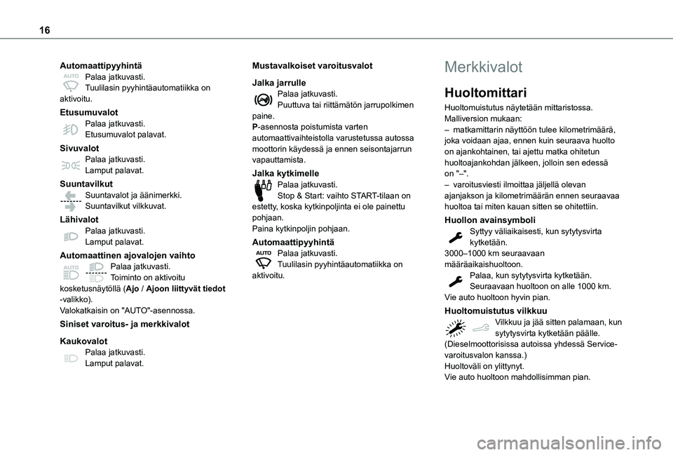 TOYOTA PROACE CITY VERSO 2021  Omistajan Käsikirja (in Finnish) 16
AutomaattipyyhintäPalaa jatkuvasti.Tuulilasin pyyhintäautomatiikka on aktivoitu.
EtusumuvalotPalaa jatkuvasti.Etusumuvalot palavat.
SivuvalotPalaa jatkuvasti.Lamput palavat.
SuuntavilkutSuuntaval