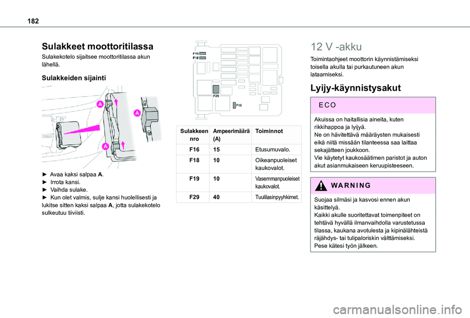 TOYOTA PROACE CITY VERSO 2021 Omistajan Käsikirja (in Finnish) 182
Sulakkeet moottoritilassa
Sulakekotelo sijaitsee moottoritilassa akun lähellä.
Sulakkeiden sijainti
► Avaa kaksi salpaa A.► Irrota kansi.► Vaihda sulake.► Kun TOYOTA PROACE CITY VERSO 2021 Omistajan Käsikirja (in Finnish) 182
Sulakkeet moottoritilassa
Sulakekotelo sijaitsee moottoritilassa akun lähellä.
Sulakkeiden sijainti
► Avaa kaksi salpaa A.► Irrota kansi.► Vaihda sulake.► Kun