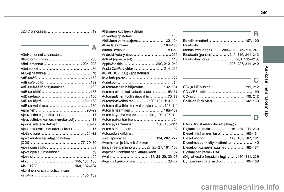 TOYOTA PROACE CITY VERSO 2021 Omistajan Käsikirja (in Finnish) 249
Aakkosellinen hakemisto
220 V pistorasia 49
A
Äänikomennoilla varustettu Bluetooth-puhelin 203Äänikomennot 224–228Äänimerkki 76ABS-järjestelmä 76AdBlue®/ 162AdBlue®-säili TOYOTA PROACE CITY VERSO 2021 Omistajan Käsikirja (in Finnish) 249
Aakkosellinen hakemisto
220 V pistorasia 49
A
Äänikomennoilla varustettu Bluetooth-puhelin 203Äänikomennot 224–228Äänimerkki 76ABS-järjestelmä 76AdBlue®/ 162AdBlue®-säili