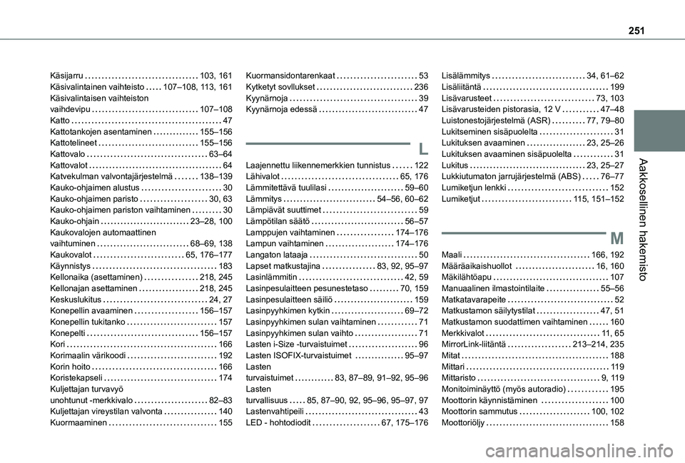 TOYOTA PROACE CITY VERSO 2021 Omistajan Käsikirja (in Finnish) 251
Aakkosellinen hakemisto
Käsijarru 103, 161Käsivalintainen vaihteisto 107–108, 11 3, 161Käsivalintaisen vaihteiston vaihdevipu 107–108Katto 47Kattotankojen asentaminen 155–156Ka TOYOTA PROACE CITY VERSO 2021 Omistajan Käsikirja (in Finnish) 251
Aakkosellinen hakemisto
Käsijarru 103, 161Käsivalintainen vaihteisto 107–108, 11 3, 161Käsivalintaisen vaihteiston vaihdevipu 107–108Katto 47Kattotankojen asentaminen 155–156Ka