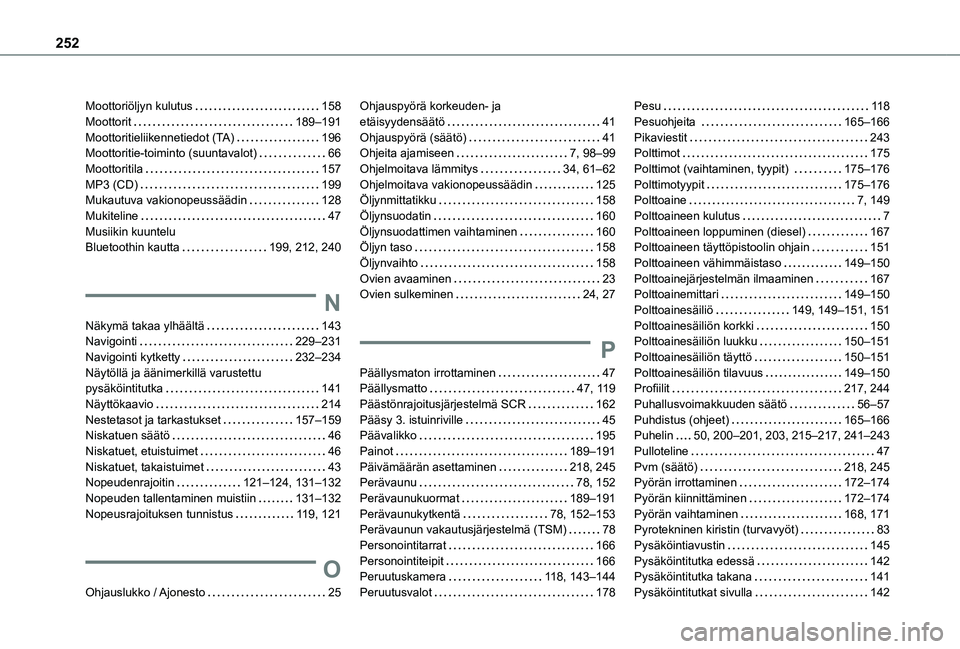 TOYOTA PROACE CITY VERSO 2021 Omistajan Käsikirja (in Finnish) 252
Moottoriöljyn kulutus 158Moottorit 189–191Moottoritieliikennetiedot (TA) 196Moottoritie-toiminto (suuntavalot) 66Moottoritila 157MP3 (CD) 199Mukautuva vakionopeussäädin 128Mukit TOYOTA PROACE CITY VERSO 2021 Omistajan Käsikirja (in Finnish) 252
Moottoriöljyn kulutus 158Moottorit 189–191Moottoritieliikennetiedot (TA) 196Moottoritie-toiminto (suuntavalot) 66Moottoritila 157MP3 (CD) 199Mukautuva vakionopeussäädin 128Mukit
