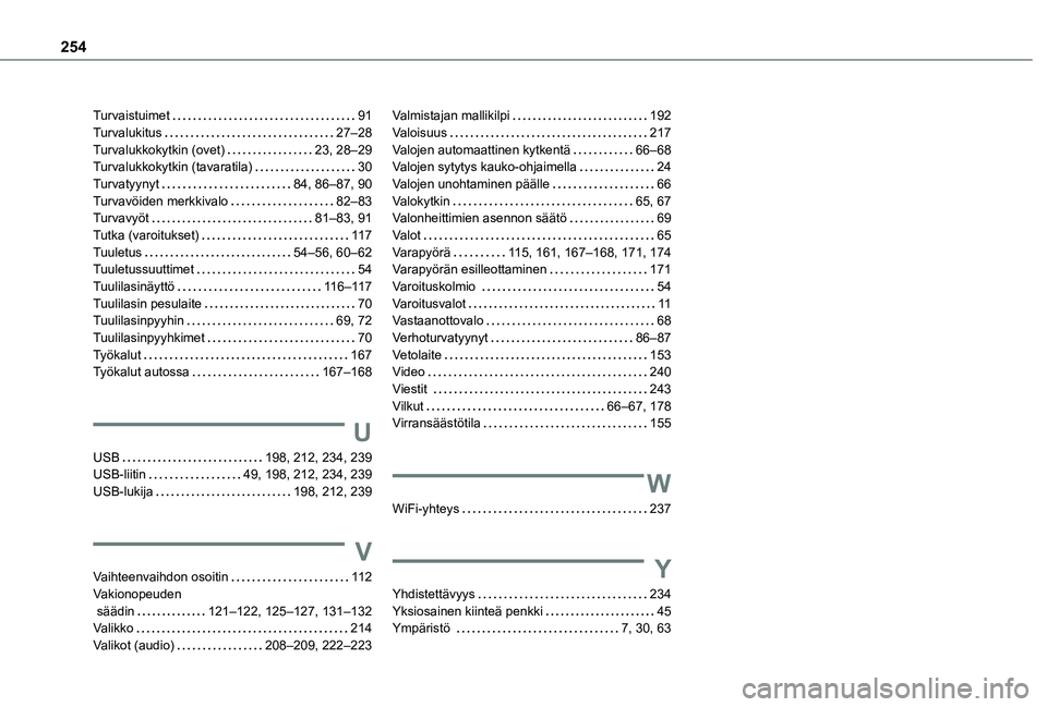 TOYOTA PROACE CITY VERSO 2021 Omistajan Käsikirja (in Finnish) 254
Turvaistuimet 91Turvalukitus 27–28Turvalukkokytkin (ovet) 23, 28–29Turvalukkokytkin (tavaratila) 30Turvatyynyt 84, 86–87, 90Turvavöiden merkkivalo 82–83Turvavyöt 81–83, 9 TOYOTA PROACE CITY VERSO 2021 Omistajan Käsikirja (in Finnish) 254
Turvaistuimet 91Turvalukitus 27–28Turvalukkokytkin (ovet) 23, 28–29Turvalukkokytkin (tavaratila) 30Turvatyynyt 84, 86–87, 90Turvavöiden merkkivalo 82–83Turvavyöt 81–83, 9