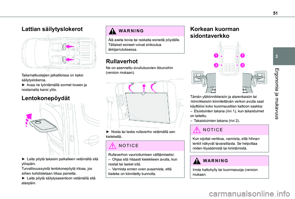 TOYOTA PROACE CITY VERSO 2021 Omistajan Käsikirja (in Finnish) 51
Ergonomia ja mukavuus
3
Lattian säilytyslokerot
Takamatkustajien jalkatiloissa on kaksi säilytyslokeroa.► Avaa ne työntämällä sormet loveen ja nostamalla kansi ylös.
Lent TOYOTA PROACE CITY VERSO 2021 Omistajan Käsikirja (in Finnish) 51
Ergonomia ja mukavuus
3
Lattian säilytyslokerot
Takamatkustajien jalkatiloissa on kaksi säilytyslokeroa.► Avaa ne työntämällä sormet loveen ja nostamalla kansi ylös.
Lent