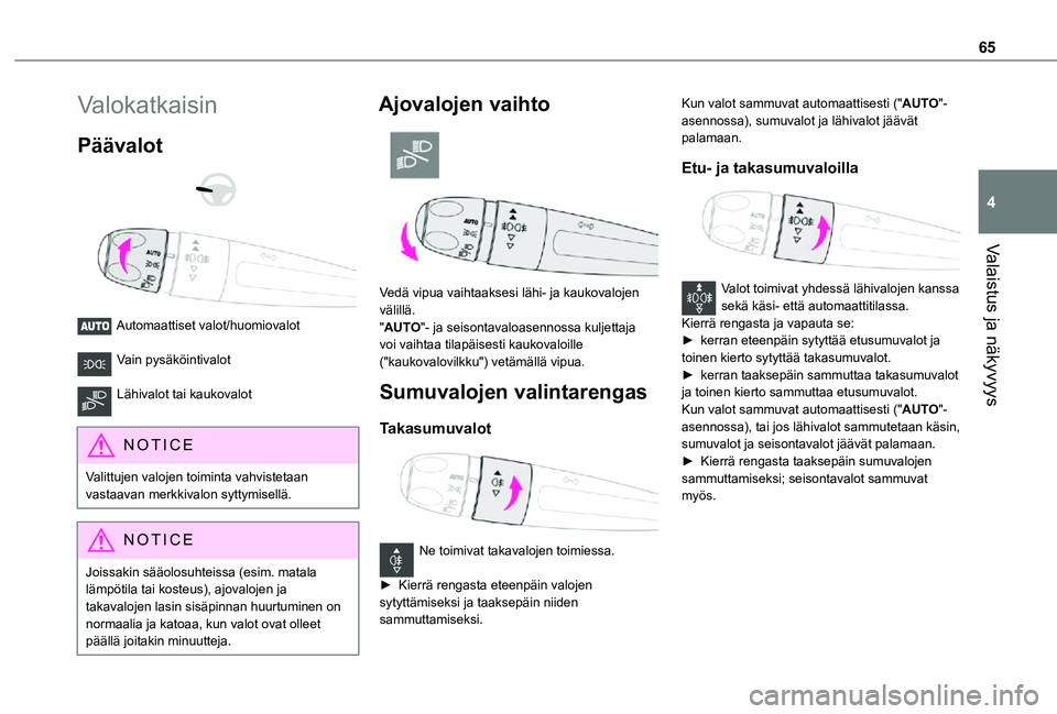 TOYOTA PROACE CITY VERSO 2021 Omistajan Käsikirja (in Finnish) 65
Valaistus ja näkyvyys
4
Valokatkaisin
Päävalot
Automaattiset valot/huomiovalot
Vain pysäköintivalot
Lähivalot tai kaukovalot
NOTIC E
Valittujen valojen toiminta vahvistetaan vastaava TOYOTA PROACE CITY VERSO 2021 Omistajan Käsikirja (in Finnish) 65
Valaistus ja näkyvyys
4
Valokatkaisin
Päävalot
Automaattiset valot/huomiovalot
Vain pysäköintivalot
Lähivalot tai kaukovalot
NOTIC E
Valittujen valojen toiminta vahvistetaan vastaava