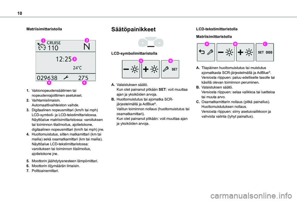 TOYOTA PROACE CITY VERSO 2021  Omistajan Käsikirja (in Finnish) 10
Matriisimittaristolla 
 
1.Vakionopeudensäätimen tai nopeudenrajoittimen asetukset.
2.Vaihtamisilmaisin.Automaattivaihteiston vaihde.
3.Digitaalinen nopeusmittari (km/h tai mph) LCD-symboli- ja L