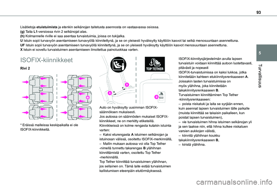 TOYOTA PROACE CITY VERSO 2021 Omistajan Käsikirja (in Finnish) 93
Turvallisuus
5
Lisätietoja etuistuimista ja etenkin selkänojan taitetusta asennosta on vastaavassa osiossa.(g) Taita L1-versiossa rivin 2 selkänojat alas.(h) Kolmannelle riville ei saa asentaa t TOYOTA PROACE CITY VERSO 2021 Omistajan Käsikirja (in Finnish) 93
Turvallisuus
5
Lisätietoja etuistuimista ja etenkin selkänojan taitetusta asennosta on vastaavassa osiossa.(g) Taita L1-versiossa rivin 2 selkänojat alas.(h) Kolmannelle riville ei saa asentaa t