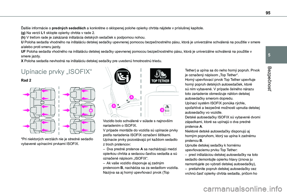 TOYOTA PROACE CITY VERSO 2021 Návod na použitie (in Slovakian) 95
Bezpečnosť
5
Ďalšie informácie o predných sedadlách a konkrétne o sklopenej polohe opierky chrbta nájdete v príslušnej kapitole.(g) Na verzii L1 sklopte opierky chrbta v rade 2.(h) V tre TOYOTA PROACE CITY VERSO 2021 Návod na použitie (in Slovakian) 95
Bezpečnosť
5
Ďalšie informácie o predných sedadlách a konkrétne o sklopenej polohe opierky chrbta nájdete v príslušnej kapitole.(g) Na verzii L1 sklopte opierky chrbta v rade 2.(h) V tre