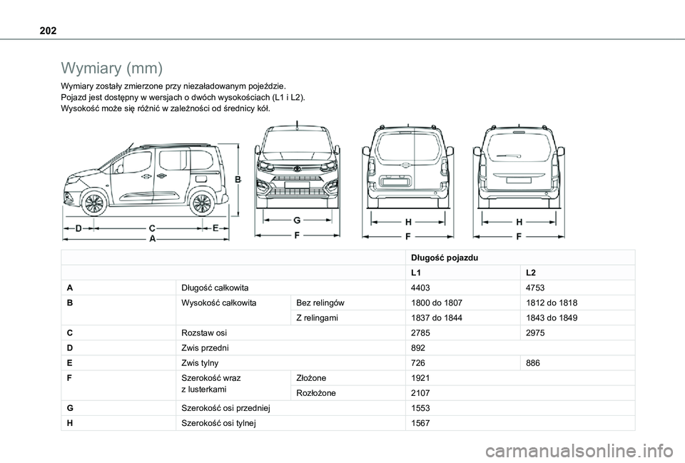 TOYOTA PROACE CITY VERSO 2021  Instrukcja obsługi (in Polish) 202
Wymiary (mm)
Wymiary zostały zmierzone przy niezaładowanym pojeździe.Pojazd jest dostępny w wersjach o dwóch wysokościach (L1 i L2).Wysokość może się różnić w zależności od średnic