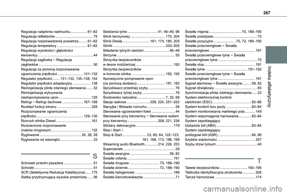 TOYOTA PROACE CITY VERSO 2021  Instrukcja obsługi (in Polish) 267
Indeks alfabetyczny
Regulacja natężenia nadmuchu   61–62Regulacja reflektorów   75Regulacja rozprowadzenia powietrza   61–62Regulacja temperatury   61–62Regulacja wysokości i głębokoś