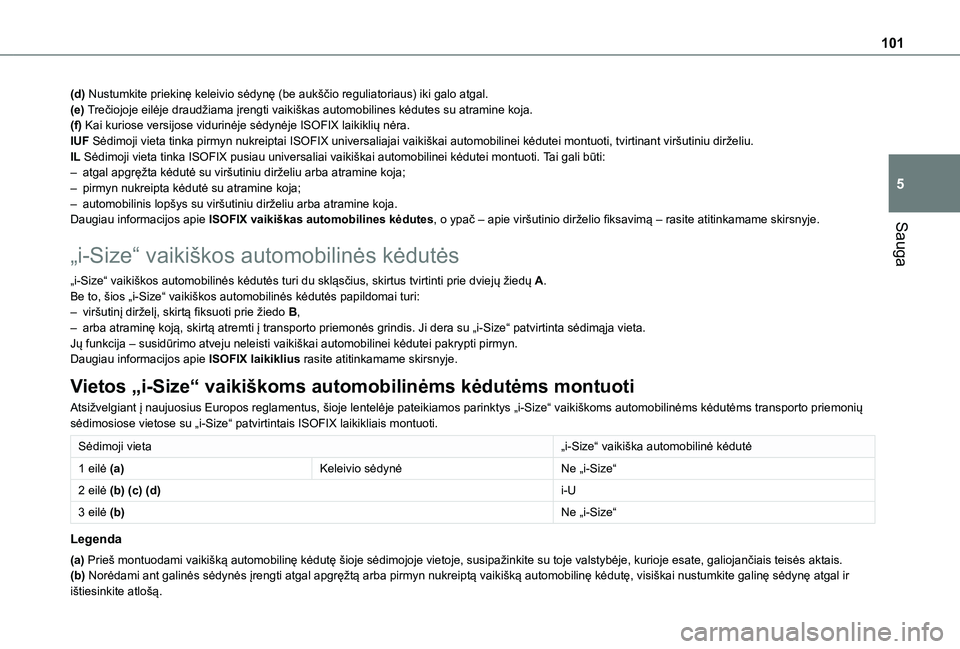 TOYOTA PROACE CITY VERSO 2021 Eksploatavimo vadovas (in Lithuanian) 101
Sauga
5
(d) Nustumkite priekinę keleivio sėdynę (be aukščio reguliatoriaus) iki galo atgal.(e) Trečiojoje eilėje draudžiama įrengti vaikiškas automobilines kėdutes su atramine koja.(f) TOYOTA PROACE CITY VERSO 2021 Eksploatavimo vadovas (in Lithuanian) 101
Sauga
5
(d) Nustumkite priekinę keleivio sėdynę (be aukščio reguliatoriaus) iki galo atgal.(e) Trečiojoje eilėje draudžiama įrengti vaikiškas automobilines kėdutes su atramine koja.(f)