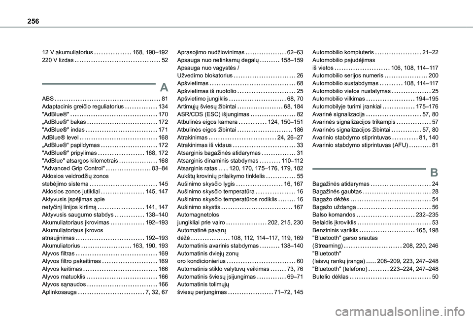TOYOTA PROACE CITY VERSO 2021 Eksploatavimo vadovas (in Lithuanian) 256
12 V akumuliatorius 168, 190–192220 V lizdas 52
A
ABS 81Adaptacinis greičio reguliatorius 134"AdBlue®" 170„AdBlue®“ bakas 172"AdBlue®" indas 171AdBlue® lev TOYOTA PROACE CITY VERSO 2021 Eksploatavimo vadovas (in Lithuanian) 256
12 V akumuliatorius 168, 190–192220 V lizdas 52
A
ABS 81Adaptacinis greičio reguliatorius 134"AdBlue®" 170„AdBlue®“ bakas 172"AdBlue®" indas 171AdBlue® lev
