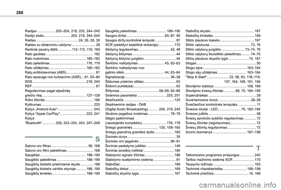 TOYOTA PROACE CITY VERSO 2021 Eksploatavimo vadovas (in Lithuanian) 260
Radijas 203–204, 218, 220, 244–245Radijo stotis 203, 218, 244–245Raktas 24, 26, 28, 30Raktas su distanciniu valdymu 28Rankinė pavarų dėžė 11 2–11 3, 11 9, 169Rato gaubtas TOYOTA PROACE CITY VERSO 2021 Eksploatavimo vadovas (in Lithuanian) 260
Radijas 203–204, 218, 220, 244–245Radijo stotis 203, 218, 244–245Raktas 24, 26, 28, 30Raktas su distanciniu valdymu 28Rankinė pavarų dėžė 11 2–11 3, 11 9, 169Rato gaubtas