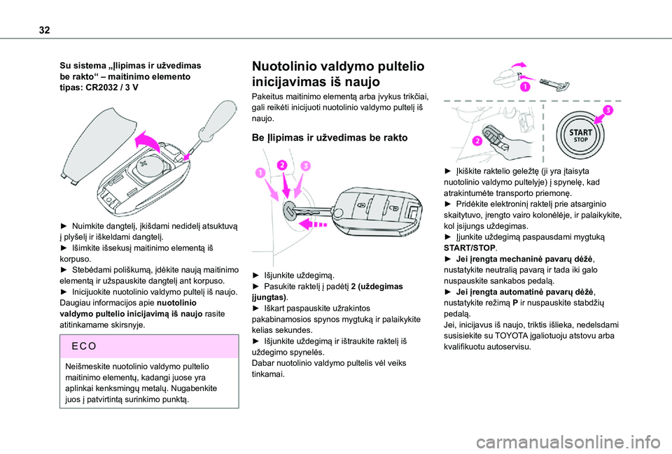 TOYOTA PROACE CITY VERSO 2021 Eksploatavimo vadovas (in Lithuanian) 32
Su sistema „Įlipimas ir užvedimas be rakto“ ‒ maitinimo elemento tipas: CR2032 / 3 V
► Nuimkite dangtelį, įkišdami nedidelį atsuktuvą į plyšelį ir iškeldami dangtelį.► Iši TOYOTA PROACE CITY VERSO 2021 Eksploatavimo vadovas (in Lithuanian) 32
Su sistema „Įlipimas ir užvedimas be rakto“ ‒ maitinimo elemento tipas: CR2032 / 3 V
► Nuimkite dangtelį, įkišdami nedidelį atsuktuvą į plyšelį ir iškeldami dangtelį.► Iši