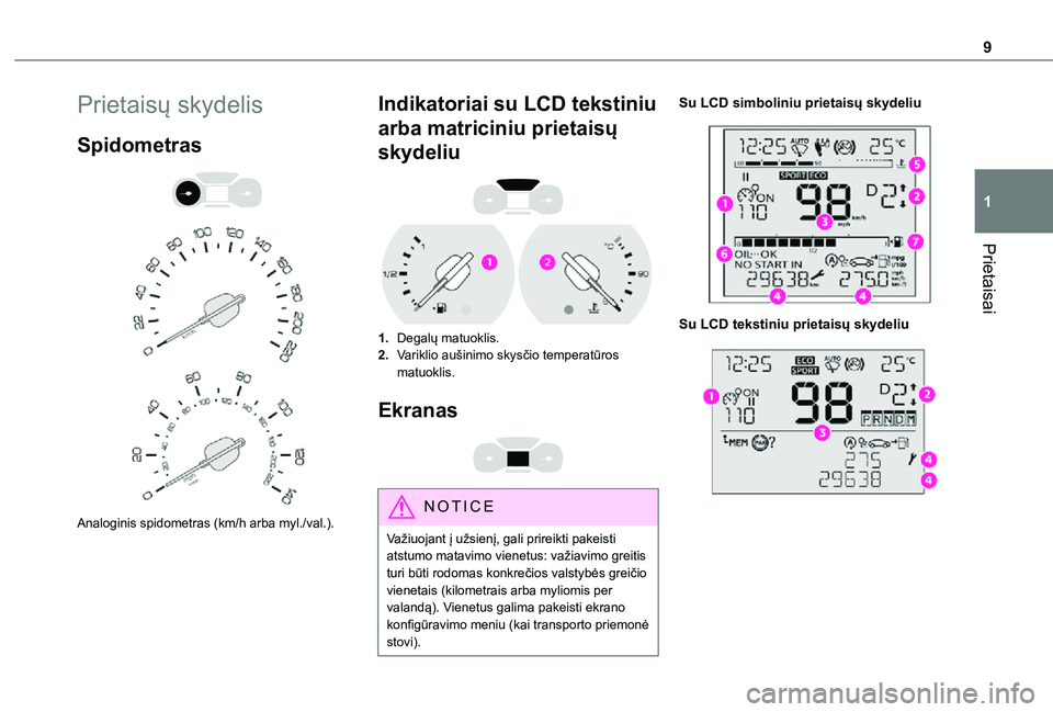 TOYOTA PROACE CITY VERSO 2021 Eksploatavimo vadovas (in Lithuanian) 9
Prietaisai
1
Prietaisų skydelis
Spidometras
Analoginis spidometras (km/h arba myl./val.).
Indikatoriai su LCD tekstiniu
arba matriciniu prietaisų
skydeliu
1.Degalų matuoklis.
2.Varikli TOYOTA PROACE CITY VERSO 2021 Eksploatavimo vadovas (in Lithuanian) 9
Prietaisai
1
Prietaisų skydelis
Spidometras
Analoginis spidometras (km/h arba myl./val.).
Indikatoriai su LCD tekstiniu
arba matriciniu prietaisų
skydeliu
1.Degalų matuoklis.
2.Varikli