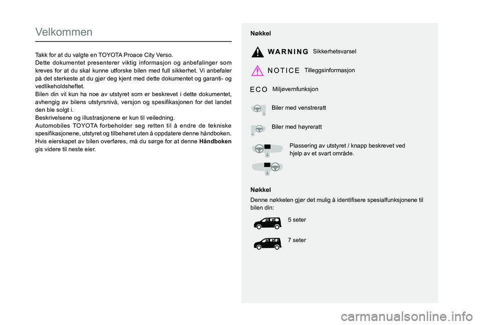 TOYOTA PROACE CITY VERSO 2021 Instruksjoner for bruk (in Norwegian)
Velkommen
Takk for at du valgte en TOYOTA Proace City Verso.Dette dokumentet presenterer viktig informasjon og anbefalinger som kreves for at du skal kun TOYOTA PROACE CITY VERSO 2021 Instruksjoner for bruk (in Norwegian)
Velkommen
Takk for at du valgte en TOYOTA Proace City Verso.Dette dokumentet presenterer viktig informasjon og anbefalinger som kreves for at du skal kun