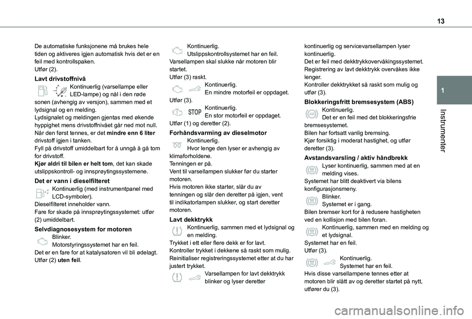 TOYOTA PROACE CITY VERSO 2021 Instruksjoner for bruk (in Norwegian) 13
Instrumenter
1
De automatiske funksjonene må brukes hele tiden og aktiveres igjen automatisk hvis det er en feil med kontrollspaken.Utfør (2).
Lavt drivstoffnivå
/2
1 1Kontinuerlig (varsellampe TOYOTA PROACE CITY VERSO 2021 Instruksjoner for bruk (in Norwegian) 13
Instrumenter
1
De automatiske funksjonene må brukes hele tiden og aktiveres igjen automatisk hvis det er en feil med kontrollspaken.Utfør (2).
Lavt drivstoffnivå
/2
1 1Kontinuerlig (varsellampe