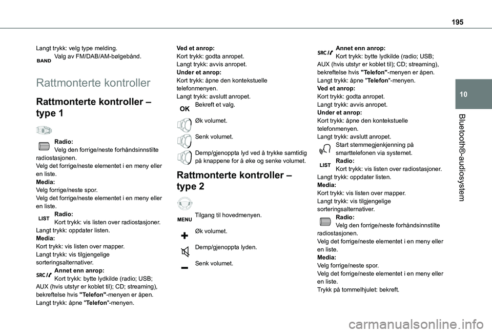 TOYOTA PROACE CITY VERSO 2021 Instruksjoner for bruk (in Norwegian) 195
Bluetooth®-audiosystem
10
Langt trykk: velg type melding.Valg av FM/DAB/AM-bølgebånd.
Rattmonterte kontroller
Rattmonterte kontroller –
type 1
Radio:Velg den forrige/neste forhåndsinnsti TOYOTA PROACE CITY VERSO 2021 Instruksjoner for bruk (in Norwegian) 195
Bluetooth®-audiosystem
10
Langt trykk: velg type melding.Valg av FM/DAB/AM-bølgebånd.
Rattmonterte kontroller
Rattmonterte kontroller –
type 1
Radio:Velg den forrige/neste forhåndsinnsti