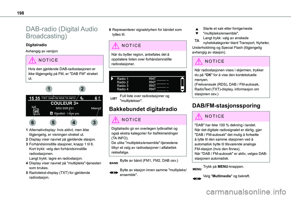 TOYOTA PROACE CITY VERSO 2021 Instruksjoner for bruk (in Norwegian) 198
DAB-radio (Digital Audio
Broadcasting)
Digitalradio
Avhengig av versjon
NOTIC E
Hvis den gjeldende DAB-radiostasjonen er ikke tilgjengelig på FM, er "DAB FM" strøket
ut.
1Alternat TOYOTA PROACE CITY VERSO 2021 Instruksjoner for bruk (in Norwegian) 198
DAB-radio (Digital Audio
Broadcasting)
Digitalradio
Avhengig av versjon
NOTIC E
Hvis den gjeldende DAB-radiostasjonen er ikke tilgjengelig på FM, er "DAB FM" strøket
ut.
1Alternat