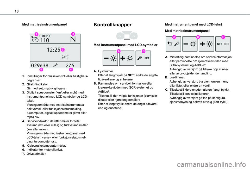 TOYOTA PROACE CITY VERSO 2021 Instruksjoner for bruk (in Norwegian) 10
Med matriseinstrumentpanel
1.Innstillinger for cruisekontroll eller hastighets-begrenser.
2.GirskiftindikatorGir med automatisk girkasse.
3.Digitalt speedometer (km/t eller mph) med instrumentpa TOYOTA PROACE CITY VERSO 2021 Instruksjoner for bruk (in Norwegian) 10
Med matriseinstrumentpanel
1.Innstillinger for cruisekontroll eller hastighets-begrenser.
2.GirskiftindikatorGir med automatisk girkasse.
3.Digitalt speedometer (km/t eller mph) med instrumentpa