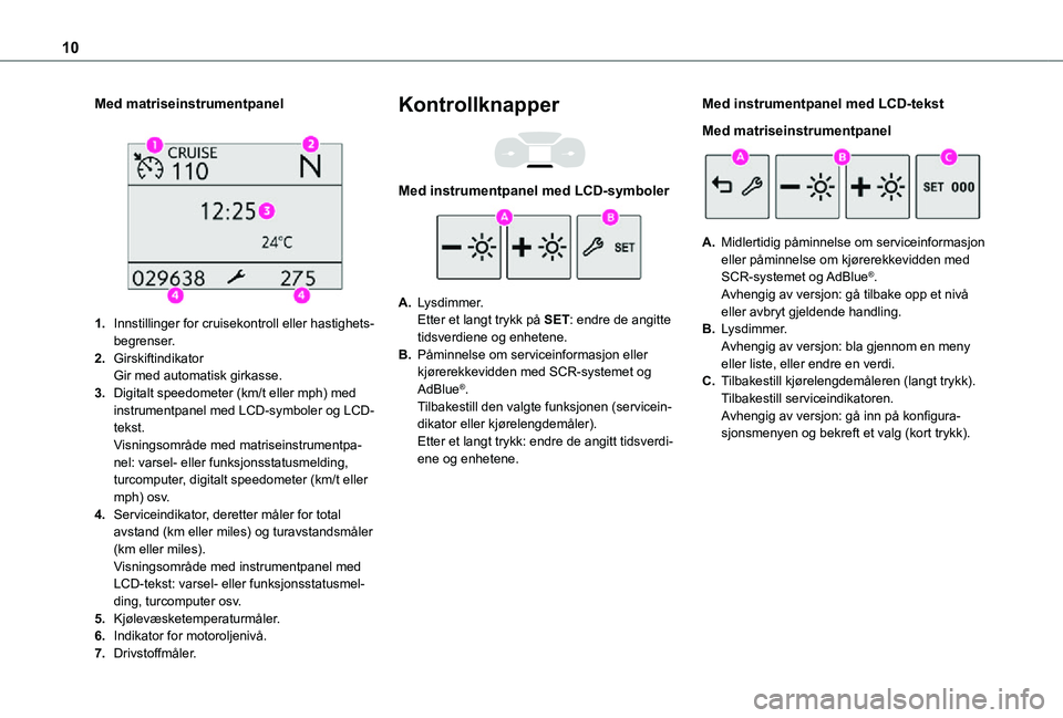 TOYOTA PROACE CITY VERSO 2021  Instruksjoner for bruk (in Norwegian) 10
Med matriseinstrumentpanel 
 
1.Innstillinger for cruisekontroll eller hastighets-begrenser.
2.GirskiftindikatorGir med automatisk girkasse.
3.Digitalt speedometer (km/t eller mph) med instrumentpa