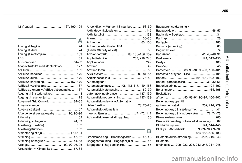 TOYOTA PROACE CITY VERSO 2021  Brugsanvisning (in Danish) 255
Alfabetisk indholdsfortegnelse
12 V batteri   167, 190–191
A
Åbning af bagklap   24Åbning af døre   24Åbning af motorhjelm   163ABS   81ABS-bremser   81–82Adaptiv fartpilot med stopfunktio