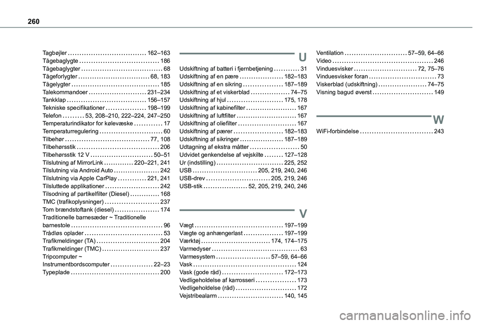 TOYOTA PROACE CITY VERSO 2021  Brugsanvisning (in Danish) 260
Tagbøjler   162–163Tågebaglygte   186Tågebaglygter   68Tågeforlygter   68, 183Tågelygter   185Talekommandoer   231–234Tankklap   156–157Tekniske specifikationer   198–199Telefon   53,