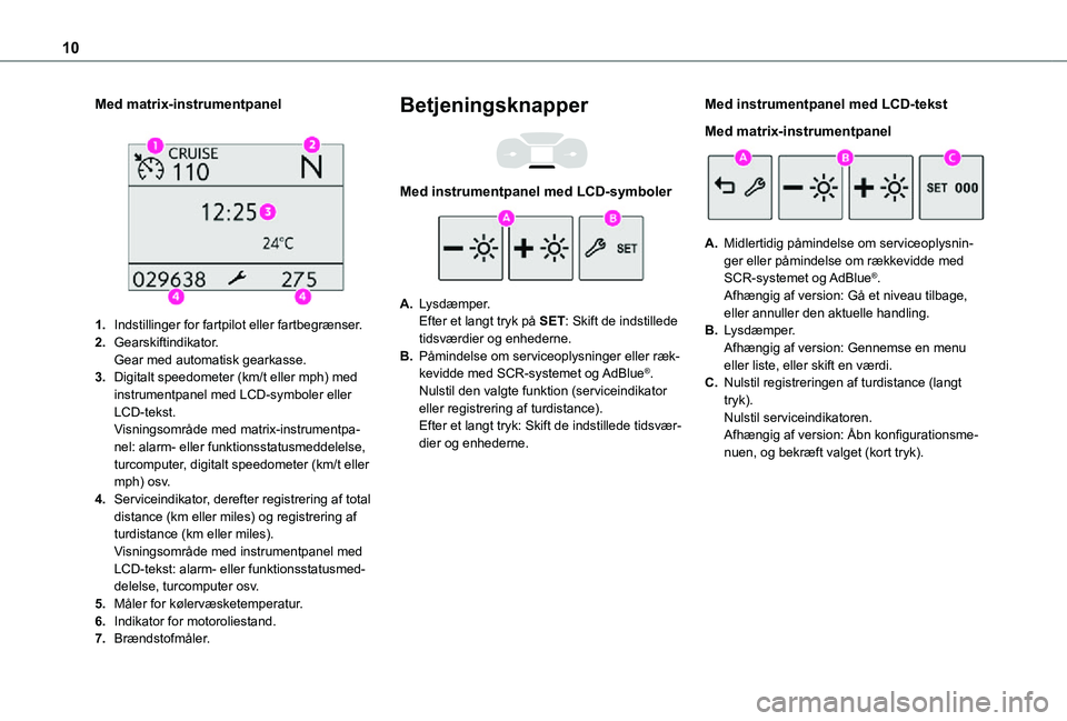 TOYOTA PROACE CITY VERSO 2021 Brugsanvisning (in Danish) 10
Med matrix-instrumentpanel
1.Indstillinger for fartpilot eller fartbegrænser.
2.Gearskiftindikator.Gear med automatisk gearkasse.
3.Digitalt speedometer (km/t eller mph) med instrumentpanel med TOYOTA PROACE CITY VERSO 2021 Brugsanvisning (in Danish) 10
Med matrix-instrumentpanel
1.Indstillinger for fartpilot eller fartbegrænser.
2.Gearskiftindikator.Gear med automatisk gearkasse.
3.Digitalt speedometer (km/t eller mph) med instrumentpanel med