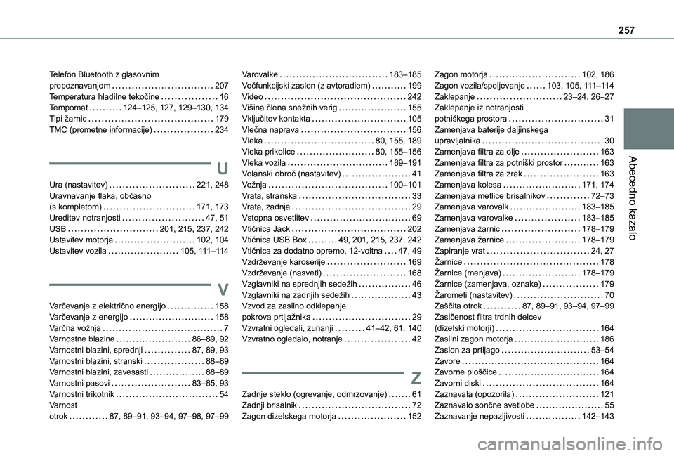 TOYOTA PROACE CITY VERSO 2021 Navodila Za Uporabo (in Slovenian) 257
Abecedno kazalo
Telefon Bluetooth z glasovnim prepoznavanjem 207Temperatura hladilne tekočine 16Tempomat 124–125, 127, 129–130, 134Tipi žarnic 179TMC (prometne informacije) 234
U
TOYOTA PROACE CITY VERSO 2021 Navodila Za Uporabo (in Slovenian) 257
Abecedno kazalo
Telefon Bluetooth z glasovnim prepoznavanjem 207Temperatura hladilne tekočine 16Tempomat 124–125, 127, 129–130, 134Tipi žarnic 179TMC (prometne informacije) 234
U