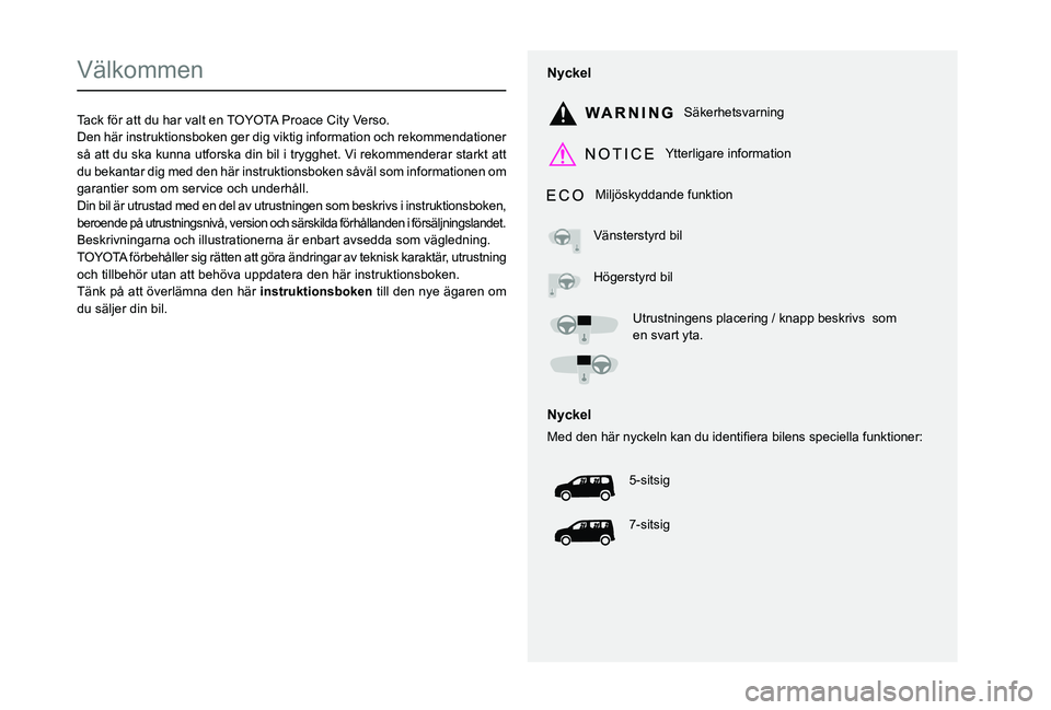 TOYOTA PROACE CITY VERSO 2021  Bruksanvisningar (in Swedish)  
  
 
  
 
  
  
   
   
 
  
   
  
    
   
Välkommen
Tack för att du har valt en TOYOTA Proace City Verso.Den här instruktionsboken ger dig viktig information och rekommendationer så att du sk