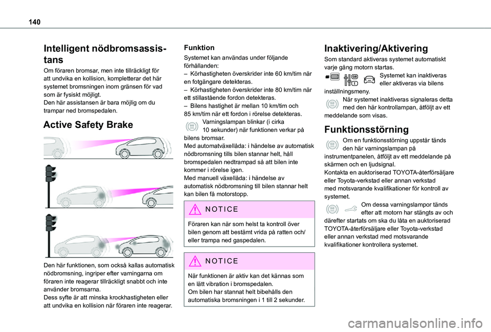 TOYOTA PROACE CITY VERSO 2021 Bruksanvisningar (in Swedish) 140
Intelligent nödbromsassis-
tans
Om föraren bromsar, men inte tillräckligt för att undvika en kollision, kompletterar det här systemet bromsningen inom gränsen för vad som är fysiskt möjli TOYOTA PROACE CITY VERSO 2021 Bruksanvisningar (in Swedish) 140
Intelligent nödbromsassis-
tans
Om föraren bromsar, men inte tillräckligt för att undvika en kollision, kompletterar det här systemet bromsningen inom gränsen för vad som är fysiskt möjli