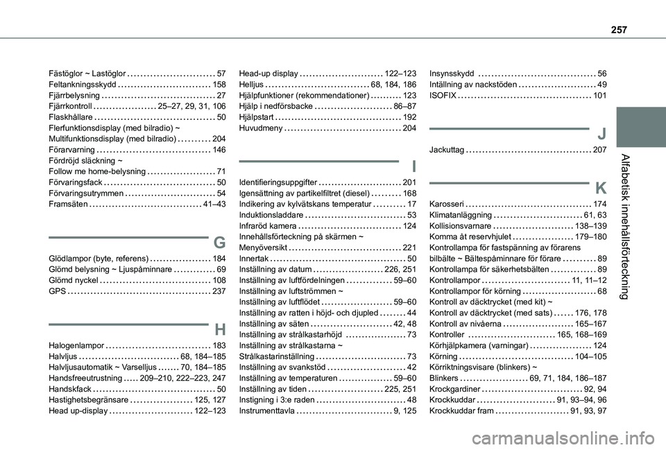 TOYOTA PROACE CITY VERSO 2021 Bruksanvisningar (in Swedish) 257
Alfabetisk innehållsförteckning
Fästöglor ~ Lastöglor 57Feltankningsskydd 158Fjärrbelysning 27Fjärrkontroll 25–27, 29, 31, 106Flaskhållare 50Flerfunktionsdisplay (med bilradio) TOYOTA PROACE CITY VERSO 2021 Bruksanvisningar (in Swedish) 257
Alfabetisk innehållsförteckning
Fästöglor ~ Lastöglor 57Feltankningsskydd 158Fjärrbelysning 27Fjärrkontroll 25–27, 29, 31, 106Flaskhållare 50Flerfunktionsdisplay (med bilradio)