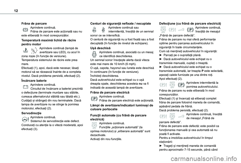 TOYOTA PROACE CITY VERSO 2021 Manual de utilizare (in Romanian) 12
Frâna de parcareAprindere continuă.Frâna de parcare este acționată sau nu este eliberată în mod corespunzător.
Temperatură maximă lichid de răcire pentru motor
90°CAprindere continuă ( TOYOTA PROACE CITY VERSO 2021 Manual de utilizare (in Romanian) 12
Frâna de parcareAprindere continuă.Frâna de parcare este acționată sau nu este eliberată în mod corespunzător.
Temperatură maximă lichid de răcire pentru motor
90°CAprindere continuă (