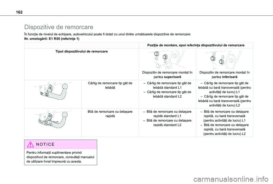 TOYOTA PROACE CITY VERSO 2021 Manual de utilizare (in Romanian) 162
Dispozitive de remorcare
În funcție de nivelul de echipare, autovehiculul poate fi dotat cu unul dintre următoarele dispozitive de remorcare:Nr. omologării: E1 R55 (referința 1)
Poziția de m TOYOTA PROACE CITY VERSO 2021 Manual de utilizare (in Romanian) 162
Dispozitive de remorcare
În funcție de nivelul de echipare, autovehiculul poate fi dotat cu unul dintre următoarele dispozitive de remorcare:Nr. omologării: E1 R55 (referința 1)
Poziția de m