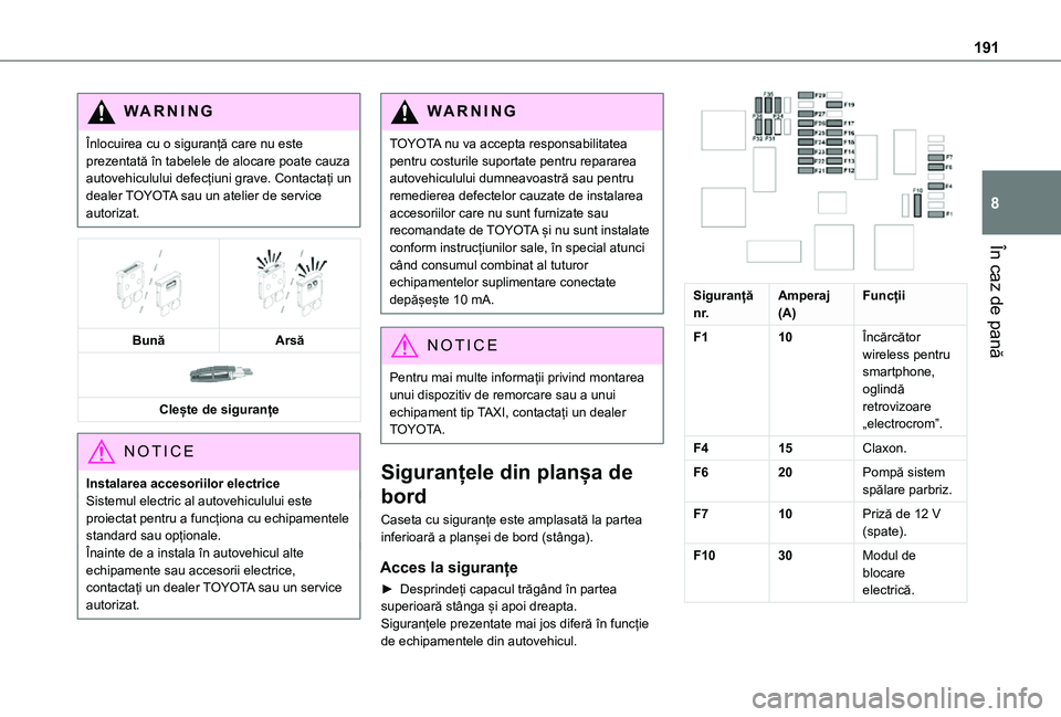 TOYOTA PROACE CITY VERSO 2021 Manual de utilizare (in Romanian) 191
În caz de pană
8
WARNI NG
Înlocuirea cu o siguranță care nu este prezentată în tabelele de alocare poate cauza autovehiculului defecțiuni grave. Contactați un dealer TOYOTA sau un atelier TOYOTA PROACE CITY VERSO 2021 Manual de utilizare (in Romanian) 191
În caz de pană
8
WARNI NG
Înlocuirea cu o siguranță care nu este prezentată în tabelele de alocare poate cauza autovehiculului defecțiuni grave. Contactați un dealer TOYOTA sau un atelier