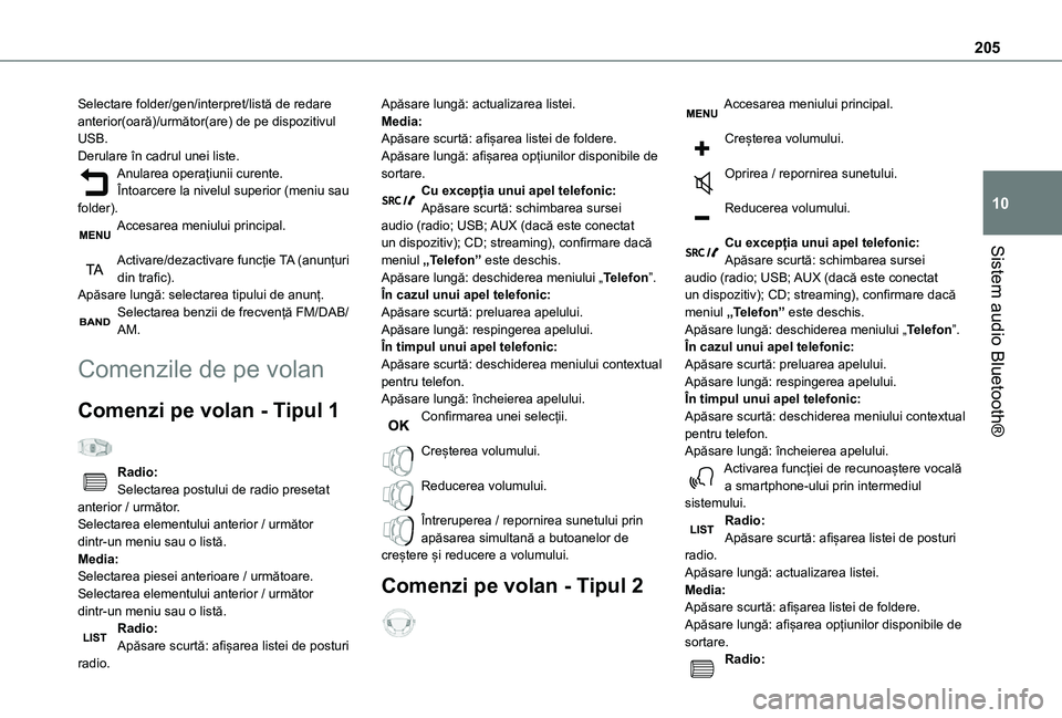 TOYOTA PROACE CITY VERSO 2021 Manual de utilizare (in Romanian) 205
Sistem audio Bluetooth®
10
Selectare folder/gen/interpret/listă de redare anterior(oară)/următor(are) de pe dispozitivul USB.Derulare în cadrul unei liste.Anularea operațiunii curente.Întoa TOYOTA PROACE CITY VERSO 2021 Manual de utilizare (in Romanian) 205
Sistem audio Bluetooth®
10
Selectare folder/gen/interpret/listă de redare anterior(oară)/următor(are) de pe dispozitivul USB.Derulare în cadrul unei liste.Anularea operațiunii curente.Întoa