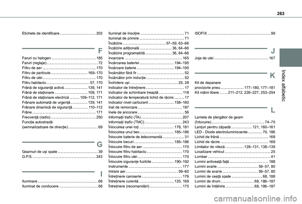 TOYOTA PROACE CITY VERSO 2021 Manual de utilizare (in Romanian) 263
Index alfabetic
Etichete de identificare 203
F
Faruri cu halogen 185Faruri (reglaje) 72Filtru de aer 170Filtru de particule 169–170Filtru de ulei 170Filtru habitaclu 57, 170Frână TOYOTA PROACE CITY VERSO 2021 Manual de utilizare (in Romanian) 263
Index alfabetic
Etichete de identificare 203
F
Faruri cu halogen 185Faruri (reglaje) 72Filtru de aer 170Filtru de particule 169–170Filtru de ulei 170Filtru habitaclu 57, 170Frână