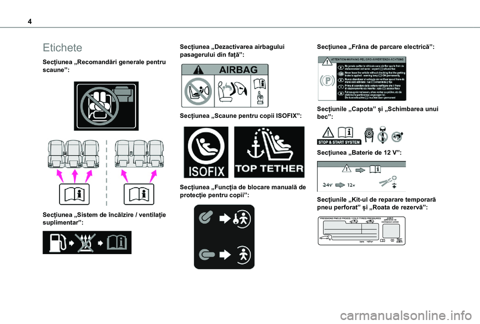 TOYOTA PROACE CITY VERSO 2021 Manual de utilizare (in Romanian) 4
Etichete
Secțiunea „Recomandări generale pentru scaune”:
Secțiunea „Sistem de încălzire / ventilație suplimentar”:
Secțiunea „Dezactivarea airbagului pasagerului din față TOYOTA PROACE CITY VERSO 2021 Manual de utilizare (in Romanian) 4
Etichete
Secțiunea „Recomandări generale pentru scaune”:
Secțiunea „Sistem de încălzire / ventilație suplimentar”:
Secțiunea „Dezactivarea airbagului pasagerului din față