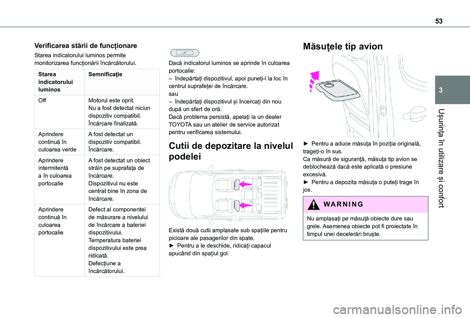 TOYOTA PROACE CITY VERSO 2021 Manual de utilizare (in Romanian) 53
Ușurința în utilizare și confort
3
Verificarea stării de funcționare
Starea indicatorului luminos permite monitorizarea funcționării încărcătorului.
Starea indicatorului luminos
Semnific TOYOTA PROACE CITY VERSO 2021 Manual de utilizare (in Romanian) 53
Ușurința în utilizare și confort
3
Verificarea stării de funcționare
Starea indicatorului luminos permite monitorizarea funcționării încărcătorului.
Starea indicatorului luminos
Semnific